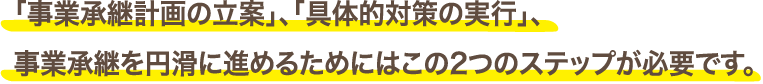 「事業承継計画の立案」、「具体的対策の実行」、事業承継を円滑に進めるためにはこの2つのステップが必要です。